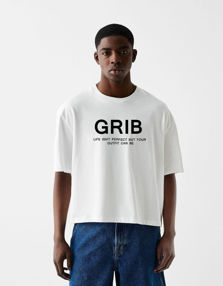 GRIB White Crew Neck T-Shirt for Men – Minimal Printed Premium Cotton Tee | Casual Streetwear