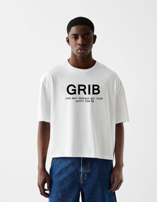 GRIB White Crew Neck T-Shirt for Men – Minimal Printed Premium Cotton Tee | Casual Streetwear